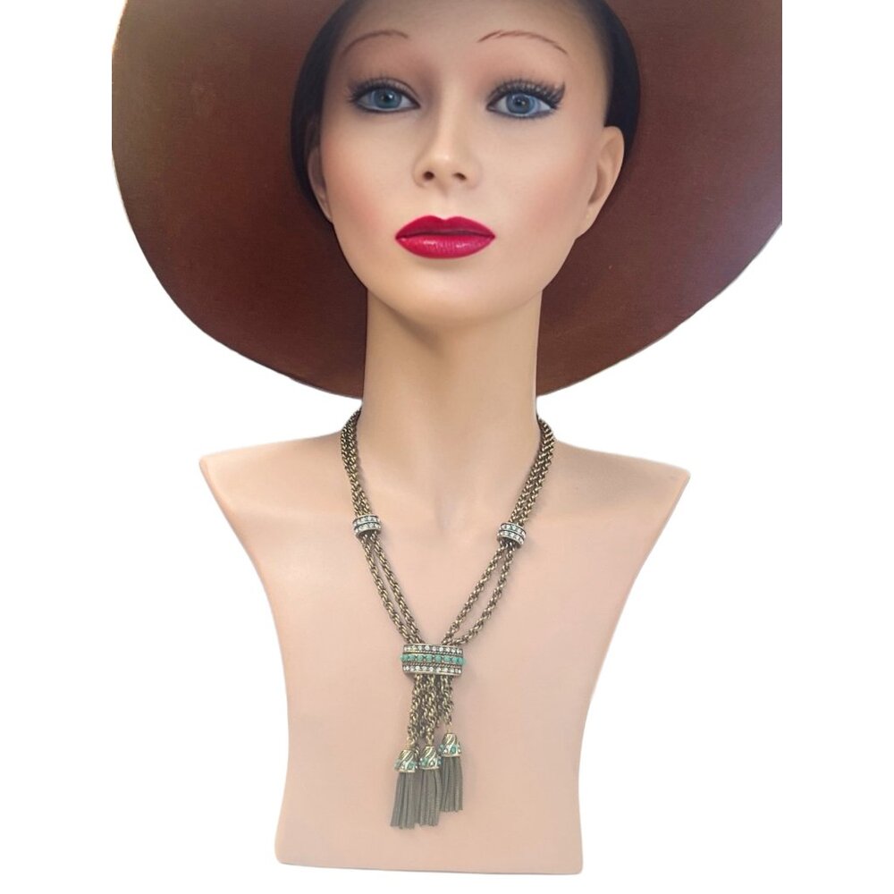 Vintage Turquoise & Crystal Tassel Lariat Necklace By Heidi Daus - Picture 7 of 9